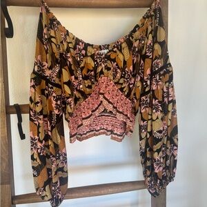 Floral Off-Shoulder Crop Top in Pink and Brown